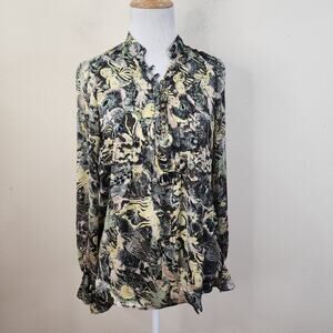 Patterson J Kincaid Women's Brown Yellow Popover Long Sleeve Blouse Shirt Size M